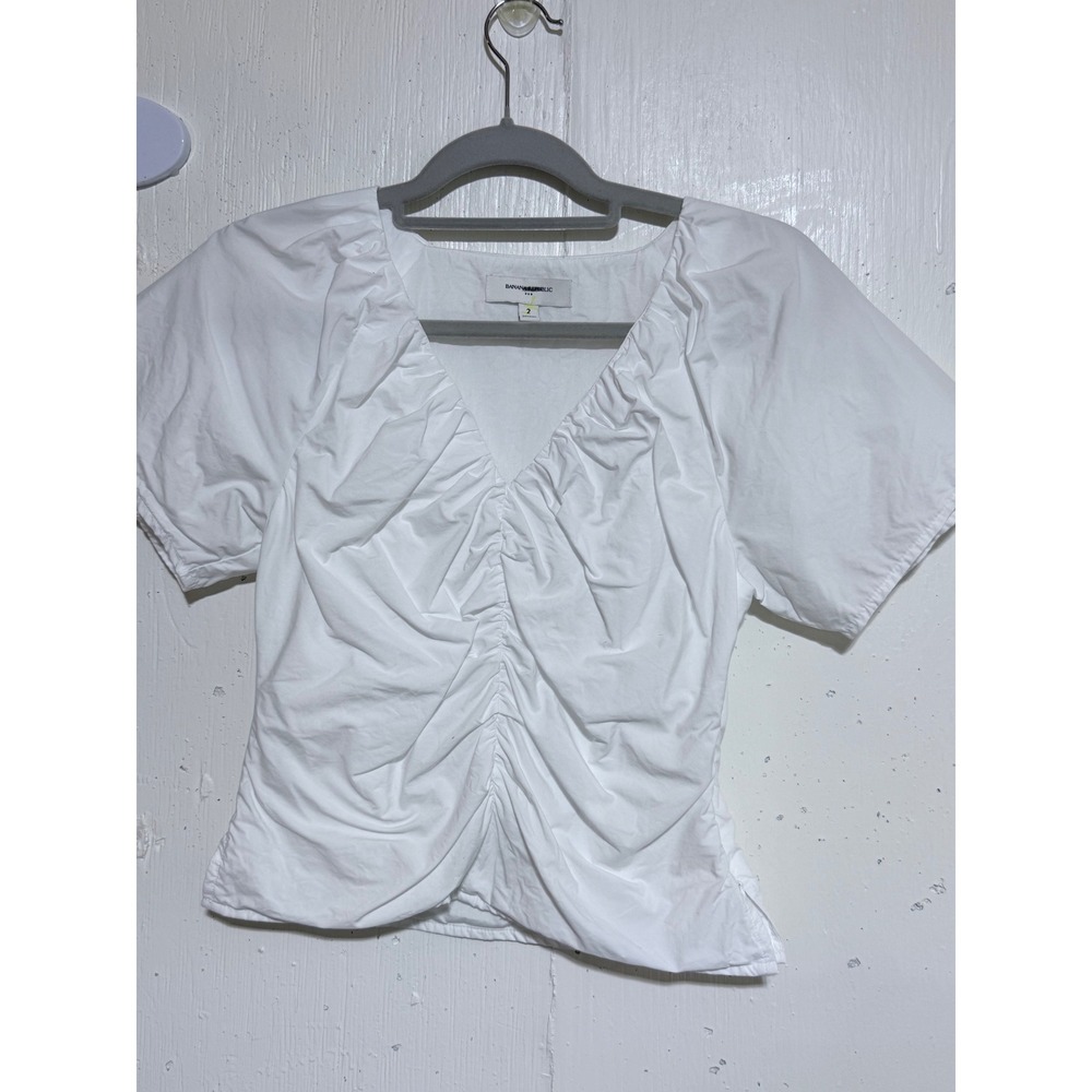 Banana Republic White Cotton Ruched V-Neck Puff Sleeve Blouse Size 2